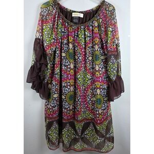 Urban Mangoz Women Sz L Ruffle Flare Sleeve Geometric Print Tunic Dress Boho